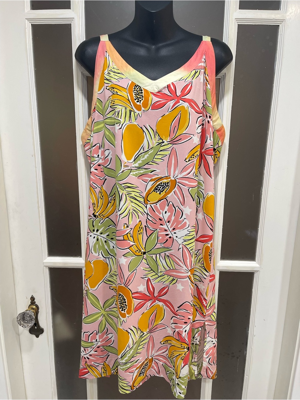 Tribal Pink Floral Slip Dress with Yellow & Green Accents